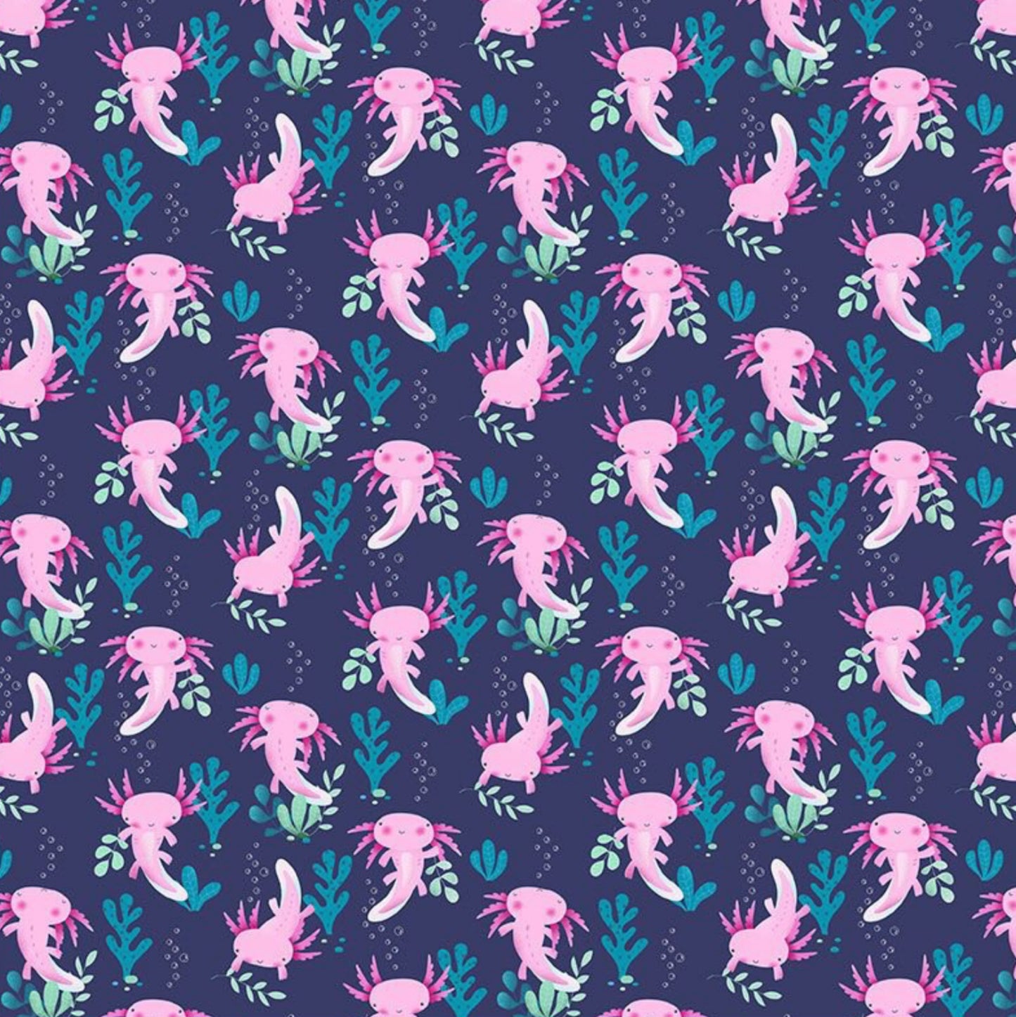 Axolotls - from the Make Waves Collection Dear Stella Designs - D2939-INDIGO. Adorable pink salamanders set against an indigo blue background. 100% cotton, digitally printed.