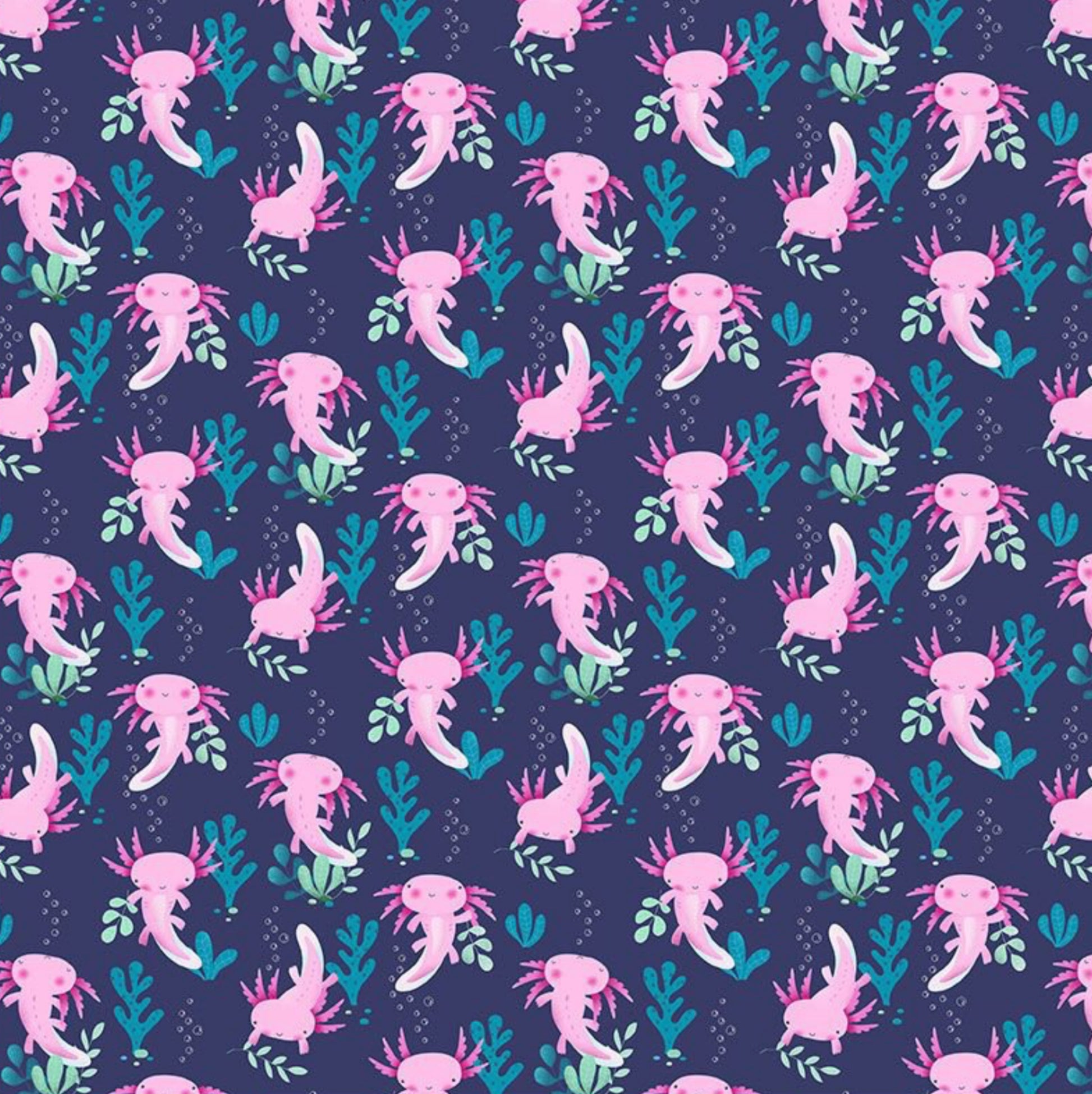 Axolotls - from the Make Waves Collection Dear Stella Designs - D2939-INDIGO. Adorable pink salamanders set against an indigo blue background. 100% cotton, digitally printed.