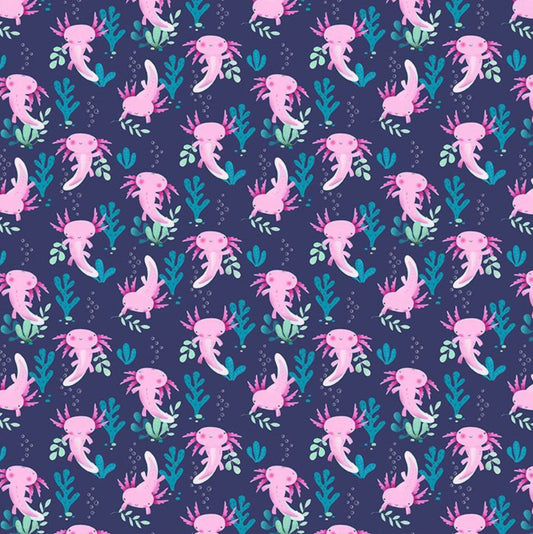 Axolotls - from the Make Waves Collection Dear Stella Designs - D2939-INDIGO. Adorable pink salamanders set against an indigo blue background. 100% cotton, digitally printed.