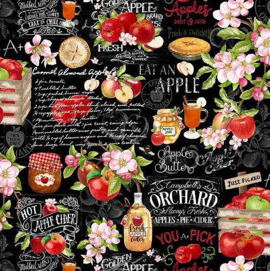 Apple Farm Chart Fabric - from the Orchard Valley collection from Timeless Treasures Fabrics. Featuring Apples, apple pies, apple text and everything apple! Ona a black background, 100% cotton, digitally printed.