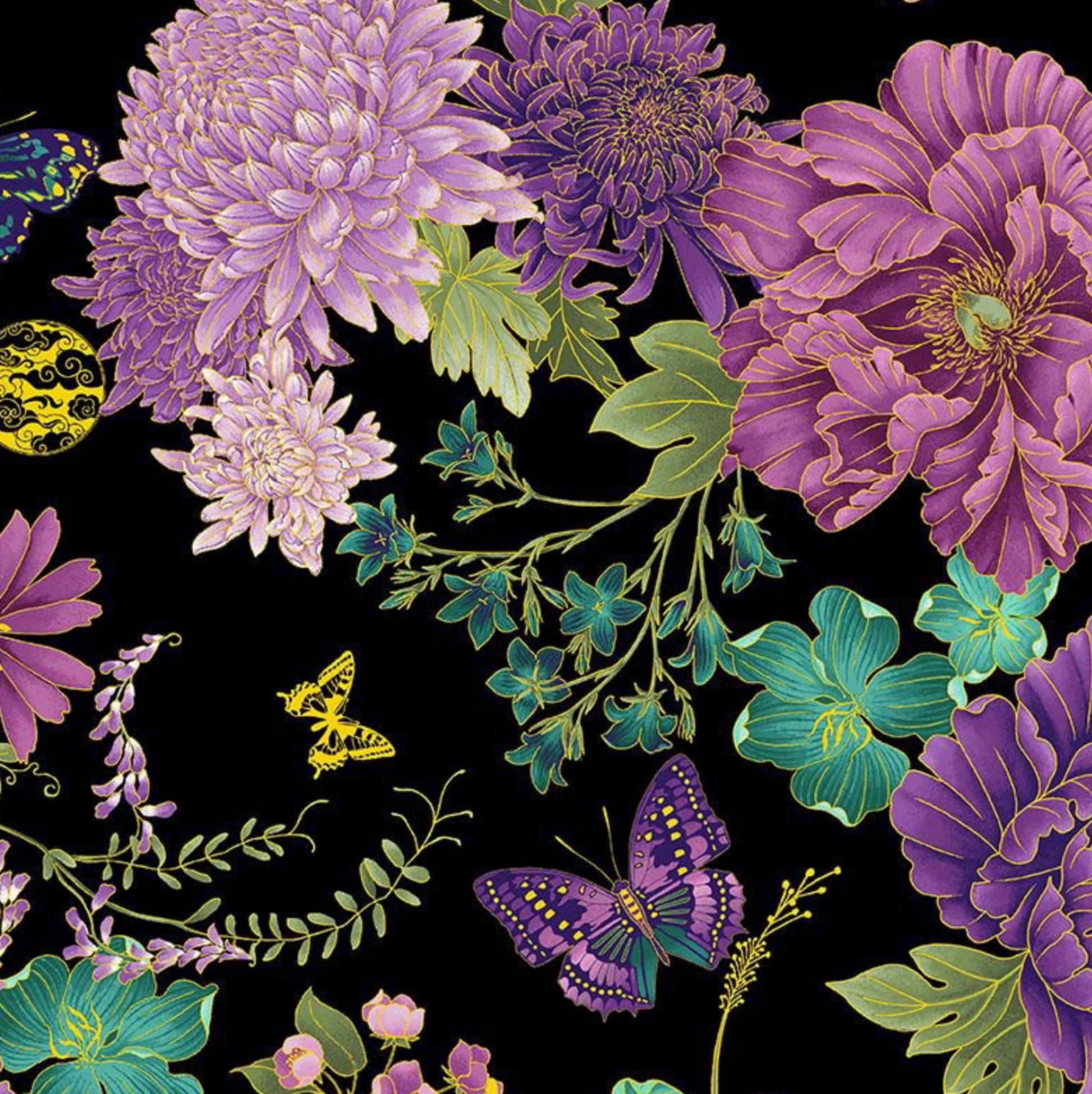 Shizuka - Asian Floral & Butterflies - by Chong A Hwang for Timeless Treasures. Asian florals and butterflies with metallic accents against a black background. CM3161-BLACK - 100% cotton, digitally printed.