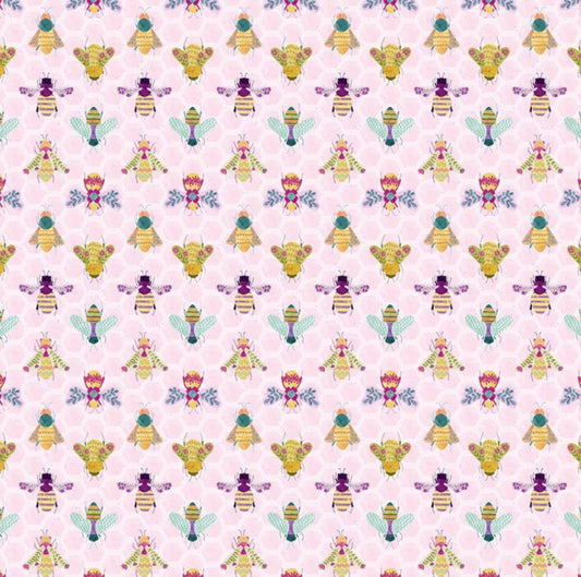 Bee curious Fabric from the CCurious Garden Collection by Pammie Jane for Dear Stella Fabrics. Light pink cotton fabric with assorted adorable bees.