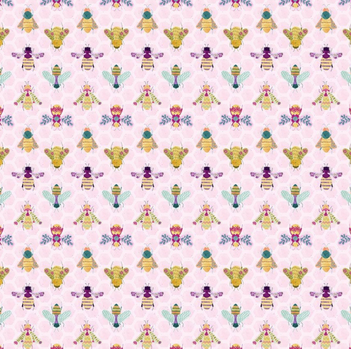 Bee curious Fabric from the CCurious Garden Collection by Pammie Jane for Dear Stella Fabrics. Light pink cotton fabric with assorted adorable bees.
