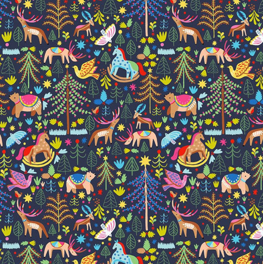 Blitzened - Blitzened Collection by Dear Stella Fabrics. Christmas fabric with rocking horses, doves, Christmas trees and bears. 100% Cotton, digitally printed.