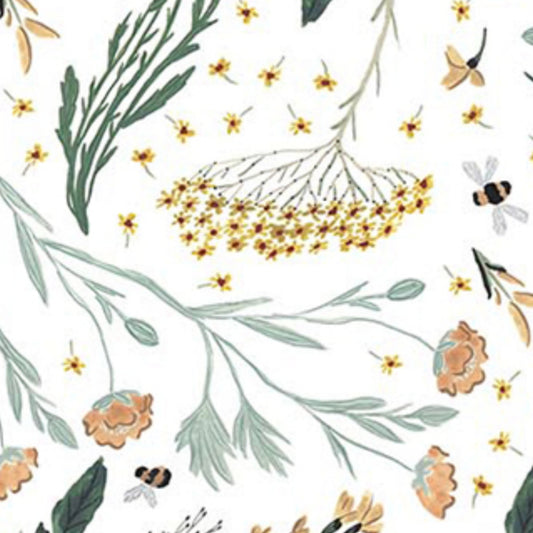 Botanical - from the Green World Collection by Sara Boccaccini in white, for Figo Fabrics. Crafted with recycled cotton fabric. Floral fabric with bees on a white background.