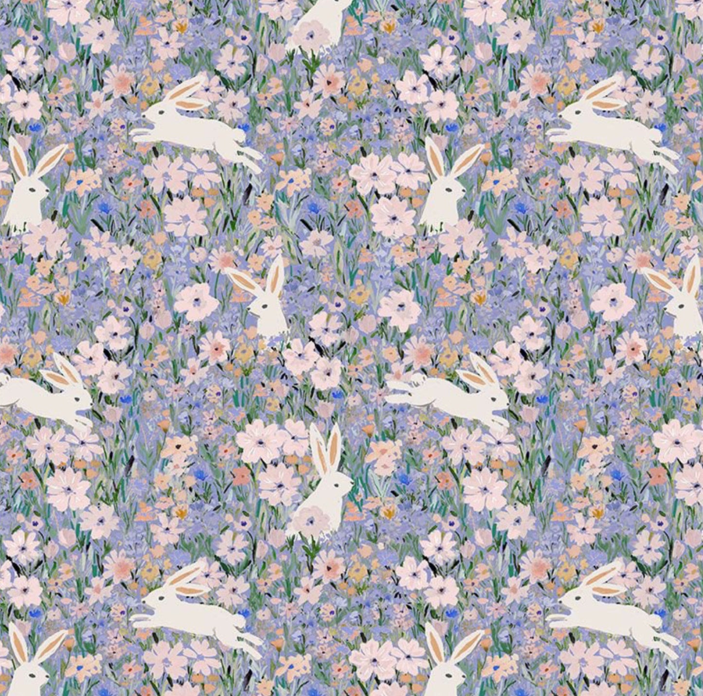 Bunnies - Spring It On Collection - Dear Stella - Cute Bunnies on a light blue floral background. Digitally printed, 100% cotton fabric.