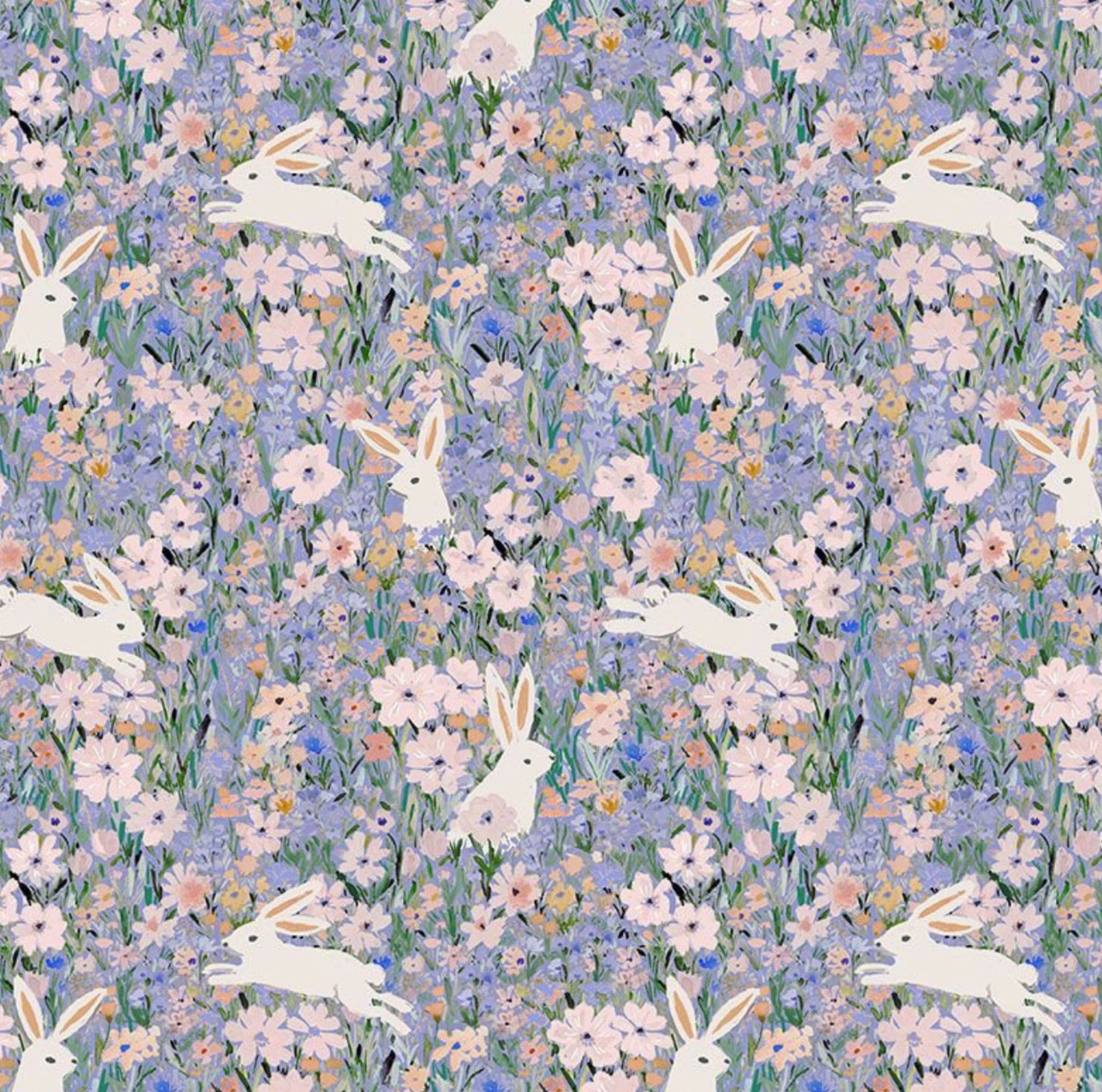 Bunnies - Spring It On Collection - Dear Stella - Cute Bunnies on a light blue floral background. Digitally printed, 100% cotton fabric.