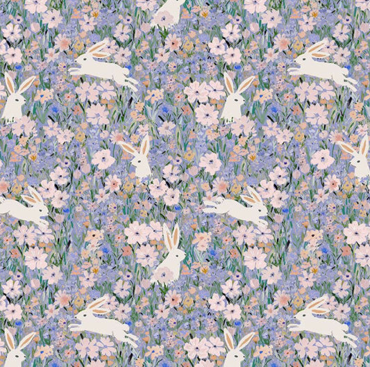 Bunnies - Spring It On Collection - Dear Stella - Cute Bunnies on a light blue floral background. Digitally printed, 100% cotton fabric.