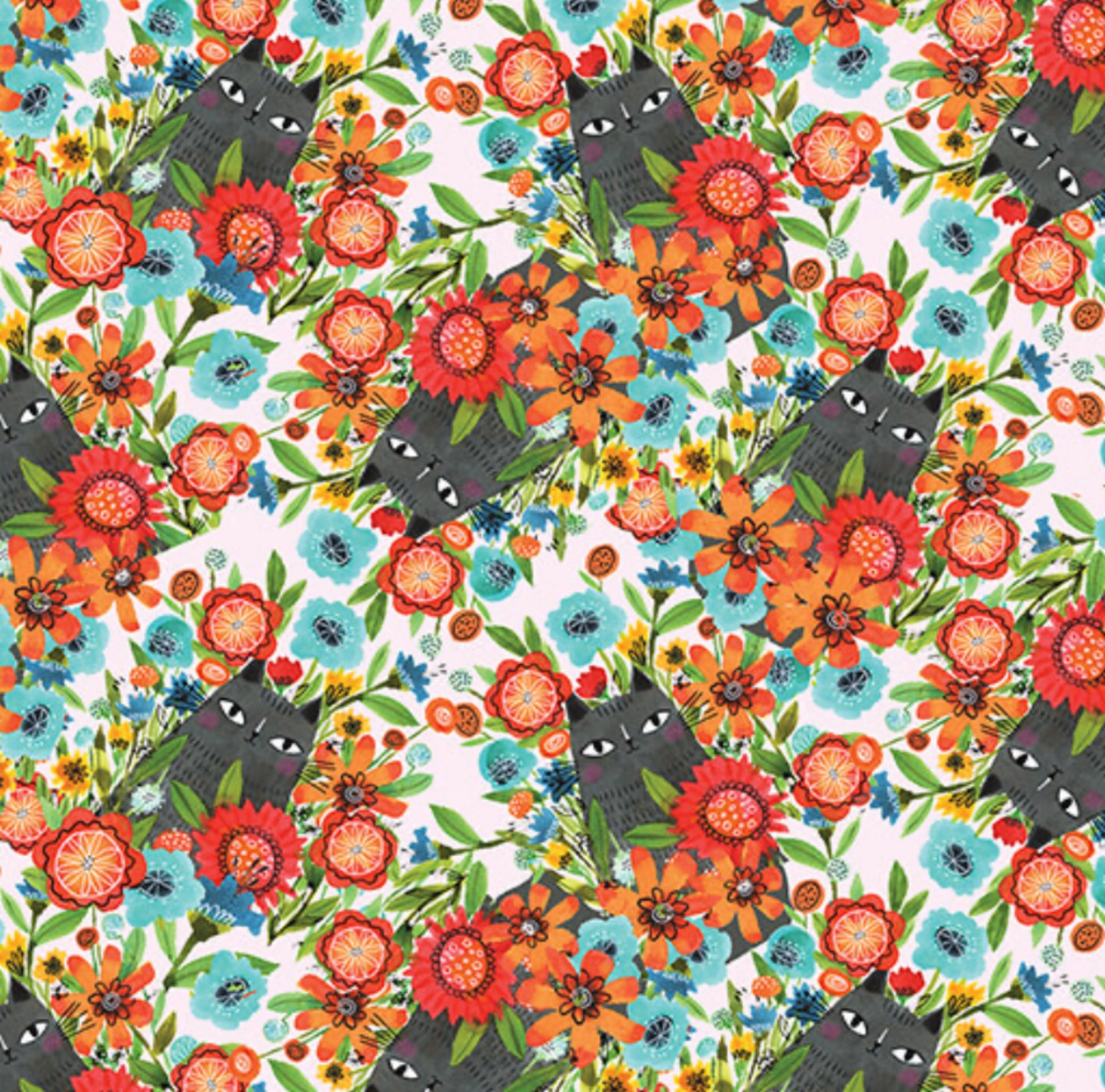 Cats In The Garden - from the Cat Garden Fabric Collection by Terry Runyan by Contempo Fabrics for Benartex - 1634699B - Multi. Cute Cats hiding in a floral background. 100% cotton, digitally printed.