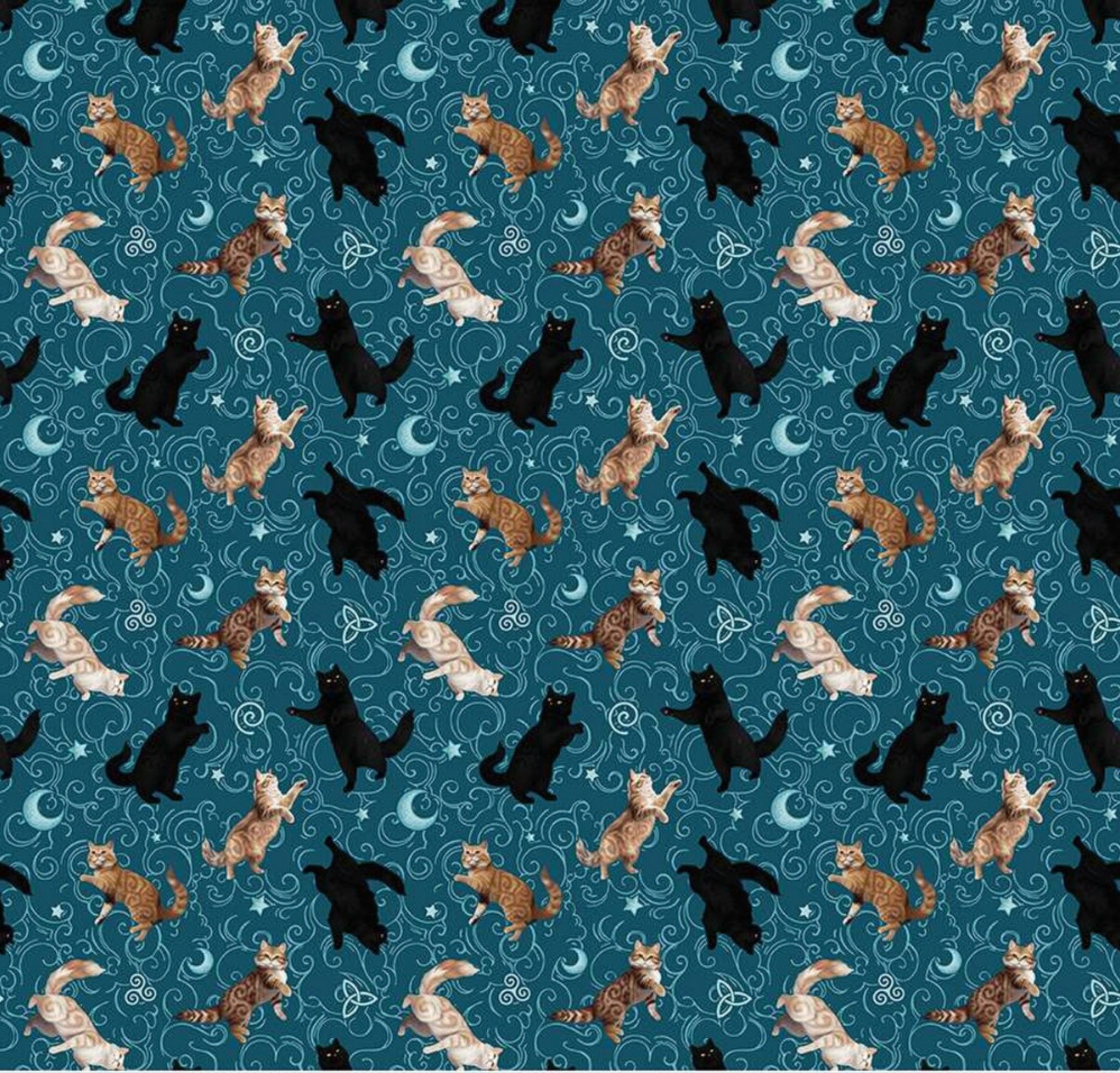 Celtic Cats - Main - Teal - by Brigid Ashwood for Riley Blake Designs - 16584-TEAL. Great for quilting, apparel and home decor. Adorable cats and yarn themed fabric. 100% cotton, digitally printed. We also have precuts and bundles from this collection.
