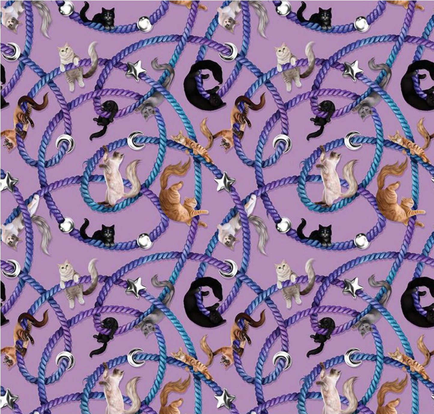 Celtic Cats - Main - Lilac - by Brigid Ashwood for Riley Blake Designs - 16580-LILAC. Great for quilting, apparel and home decor. Adorable cats and yarn themed fabric. 100% cotton, digitally printed. We also have precuts and bundles from this collection.