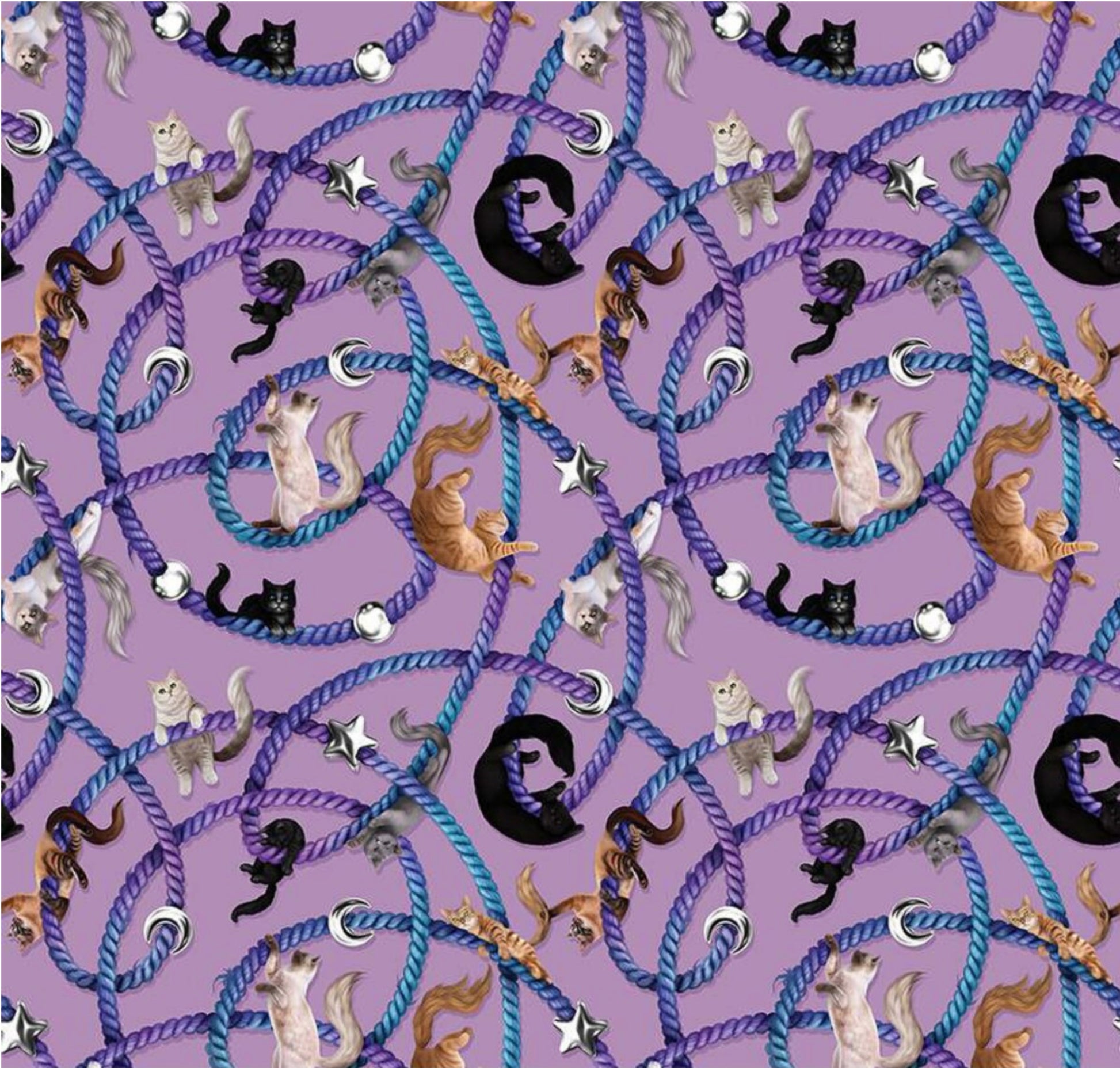 Celtic Cats - Main - Lilac - by Brigid Ashwood for Riley Blake Designs - 16580-LILAC. Great for quilting, apparel and home decor. Adorable cats and yarn themed fabric. 100% cotton, digitally printed. We also have precuts and bundles from this collection.