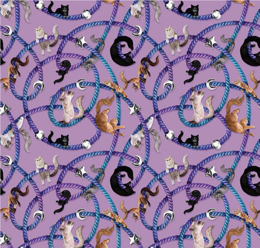 Celtic Cats - Main - Lilac - by Brigid Ashwood for Riley Blake Designs - 16580-LILAC. Great for quilting, apparel and home decor. Adorable cats and yarn themed fabric. 100% cotton, digitally printed. We also have precuts and bundles from this collection.