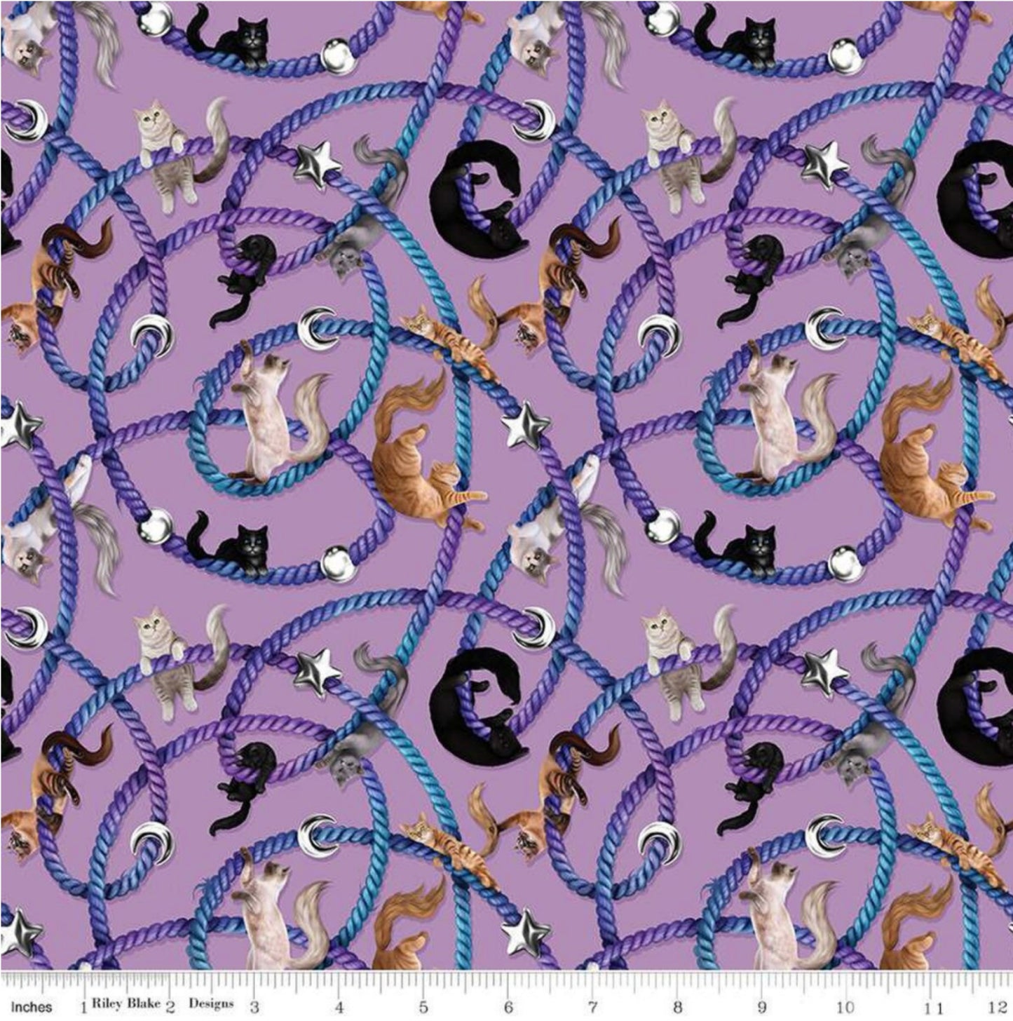 Celtic Cats - Main - Lilac - by Brigid Ashwood for Riley Blake Designs - 16580-LILAC. Great for quilting, apparel and home decor. Adorable cats and yarn themed fabric. 100% cotton, digitally printed. We also have precuts and bundles from this collection. Ruler shown for size.