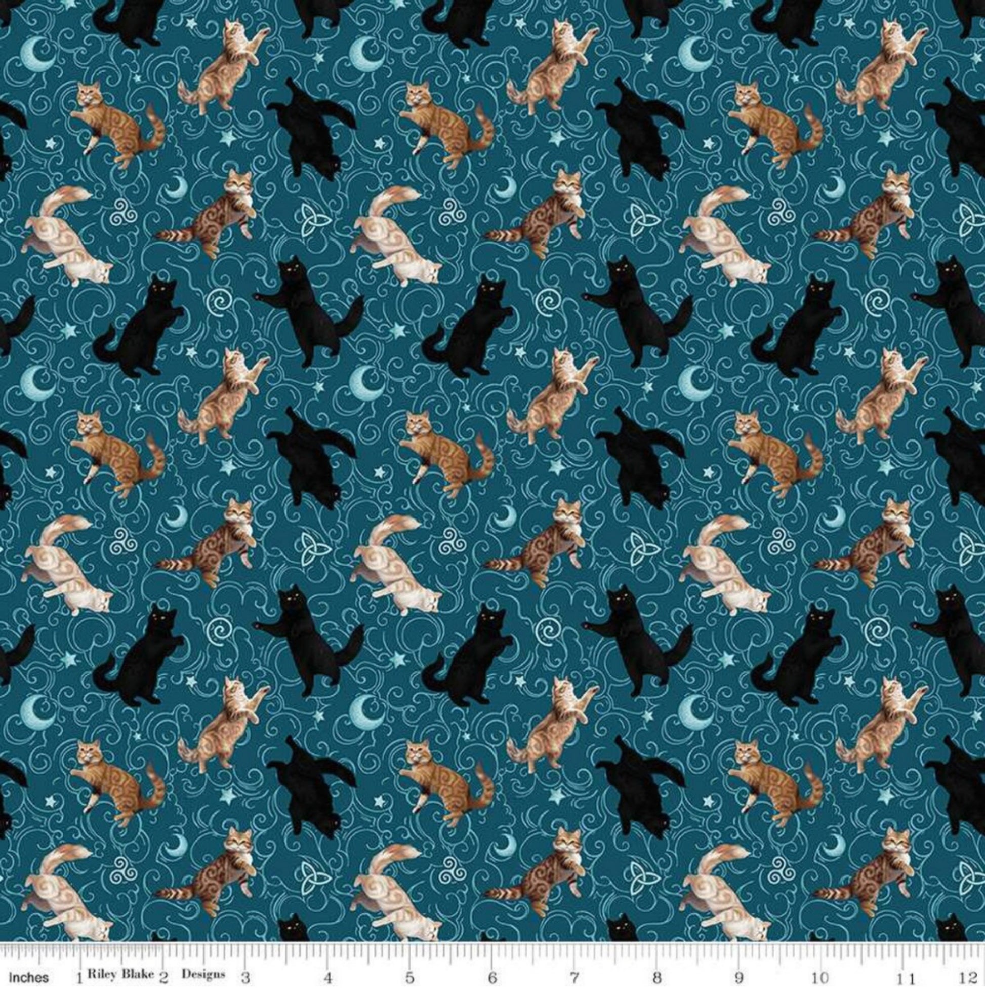 Celtic Cats - Main - Teal - by Brigid Ashwood for Riley Blake Designs - 16584-TEAL. Great for quilting, apparel and home decor. Adorable cats and yarn themed fabric. 100% cotton, digitally printed. We also have precuts and bundles from this collection. Ruler shown for size comparison.