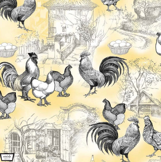 Chicken Coop Toile Fabric in light yellow from Michael Miller Fabrics. Drawing inspiration from the playful antics of chickens, this collection features delightful chicken and farm designs. 100% cotton, digitally printed.