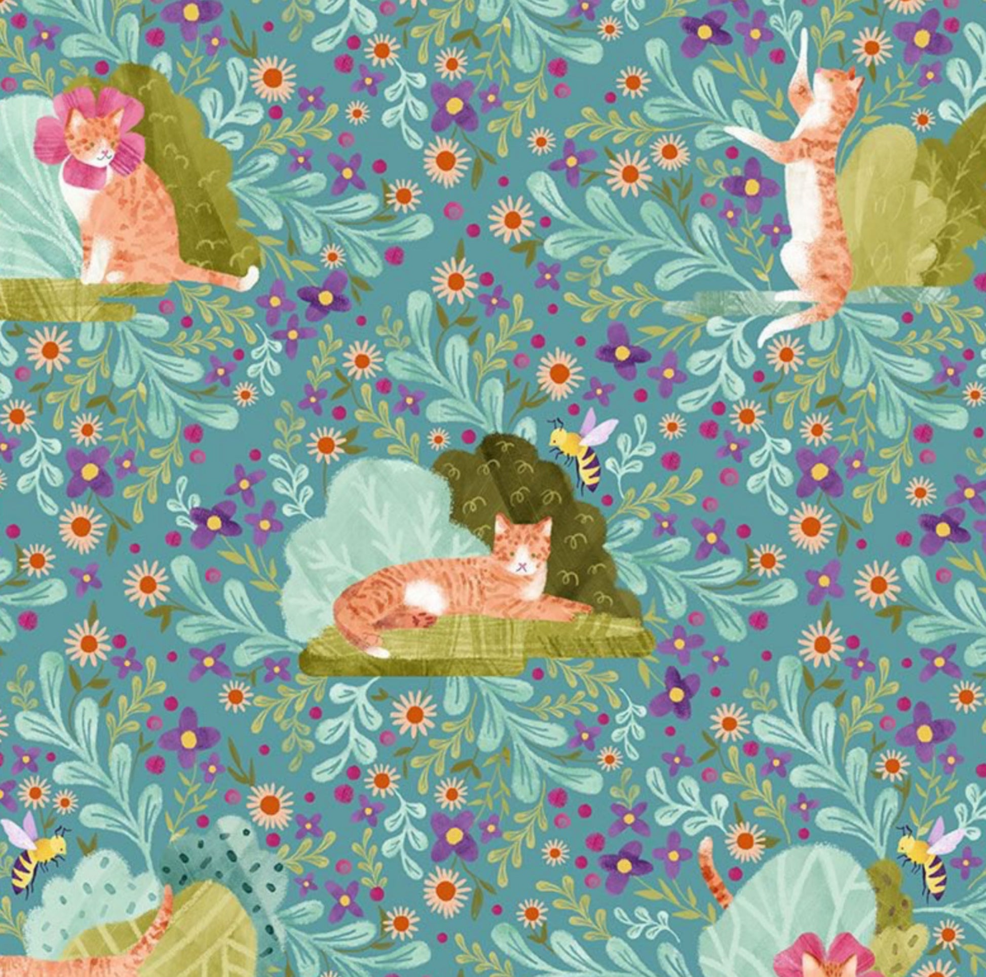 Curiosity Blooms Fabric From the Curious Garden Collection by Pammie Jane for Dear Stella Fabrics. Light green floral fabric with cute cats and bees.