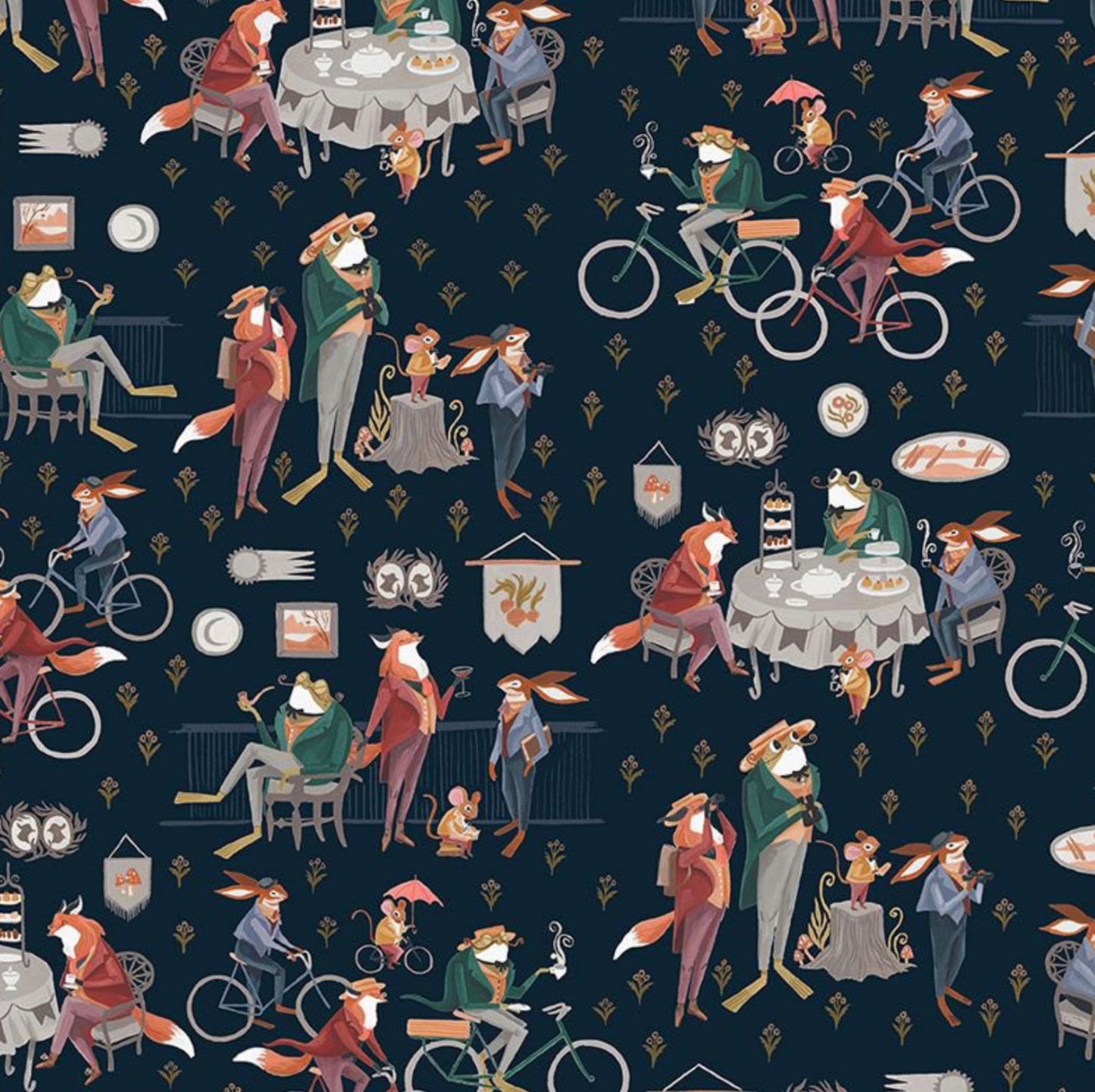 Dapper Den - from the Dapper Den Collection by Rae Ritchie for Dear Stella Designs - DRR-2927-SPACE. Foxes, Frogs and woodland animals set against a dark gray background. 100% cotton, digitally printed.