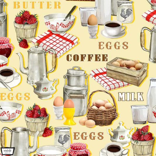 Eggscellent Breakfast Fabric - from the Early To Rise Collection from Michael Miler. Delightful farmhouse kitchen themed fabric. 100% cotton, digitally printed.