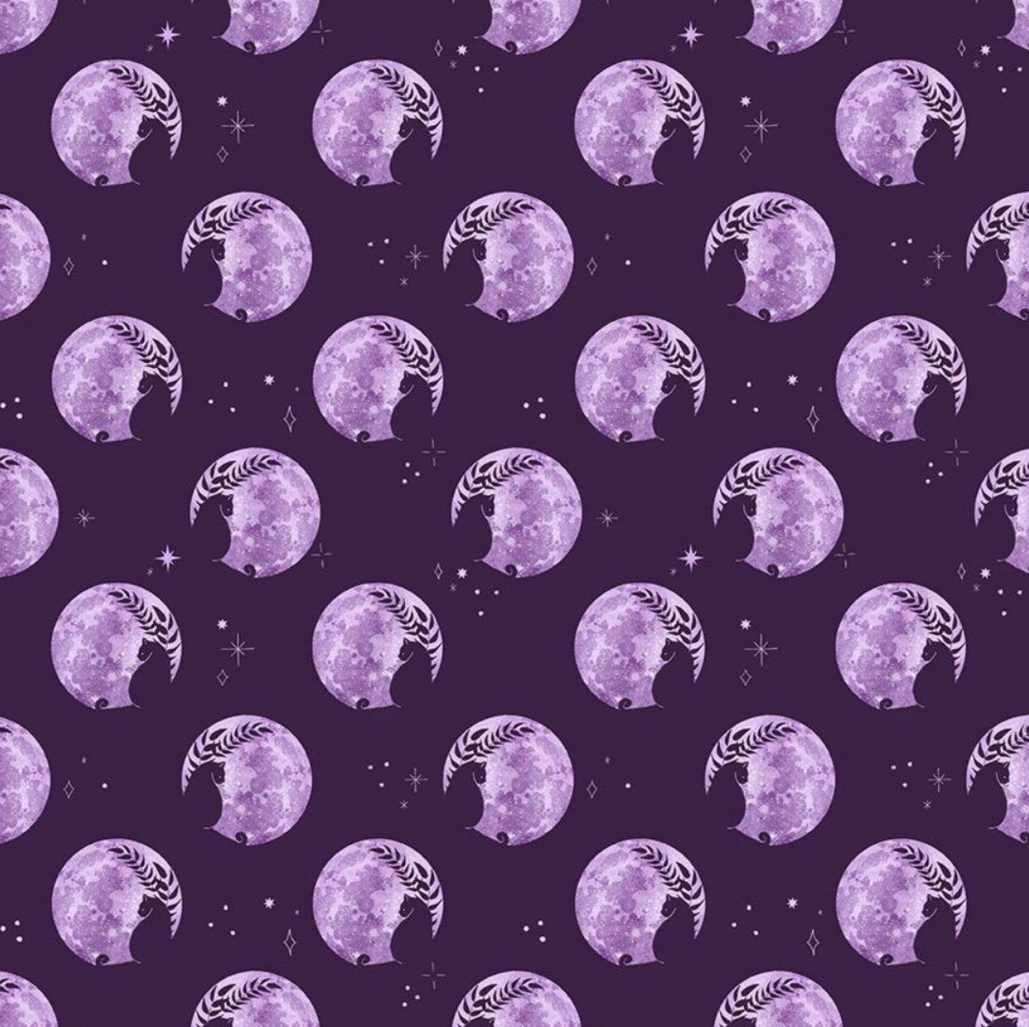 Enlightened - from the Phoebe Collection by Pammie Jane for Dear Stella Designs - Lavender Moons with Cat Silhouettes set against a dark purple background. 100% cotton, digitally printed.
