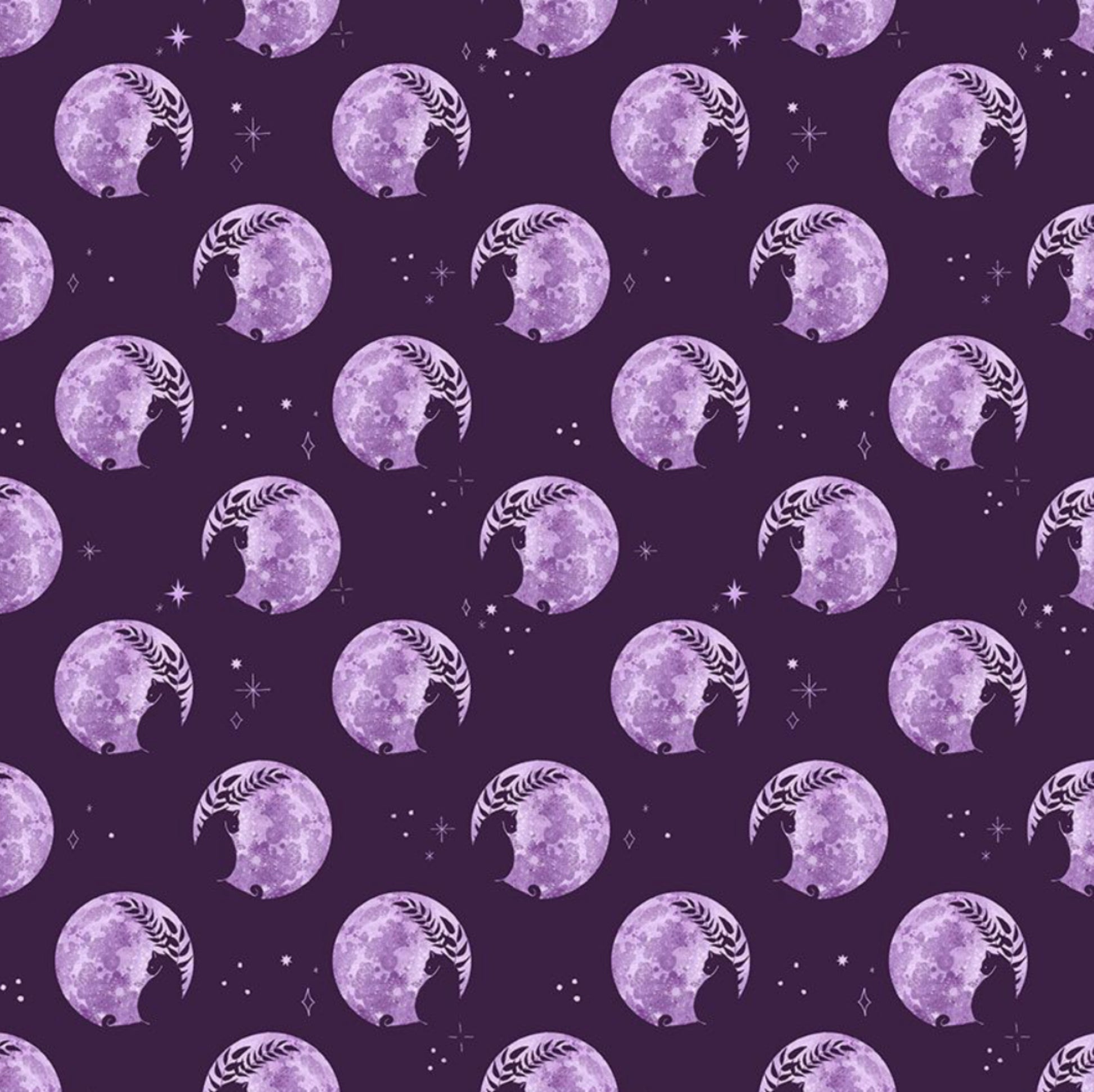 Enlightened - from the Phoebe Collection by Pammie Jane for Dear Stella Designs - Lavender Moons with Cat Silhouettes set against a dark purple background. 100% cotton, digitally printed.