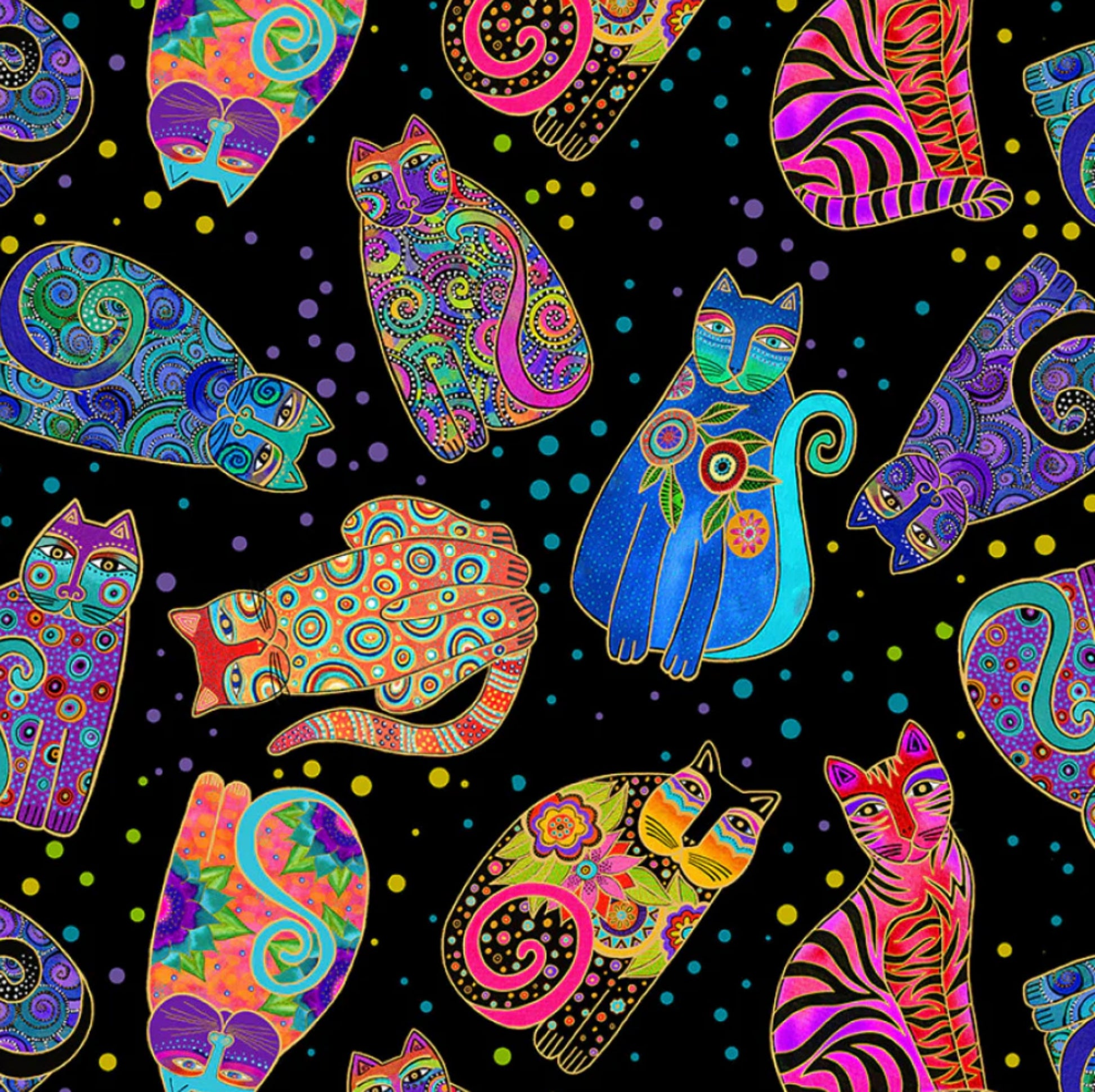 Fantasticats - Toss Cat - in Black - Y4343 - by Laurel Burch for Clothworks.  Bright, colorful cats with metallic accents against a black background. 100% cotton, digitally printed.