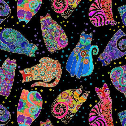 Fantasticats - Toss Cat - in Black - Y4343 - by Laurel Burch for Clothworks.  Bright, colorful cats with metallic accents against a black background. 100% cotton, digitally printed.