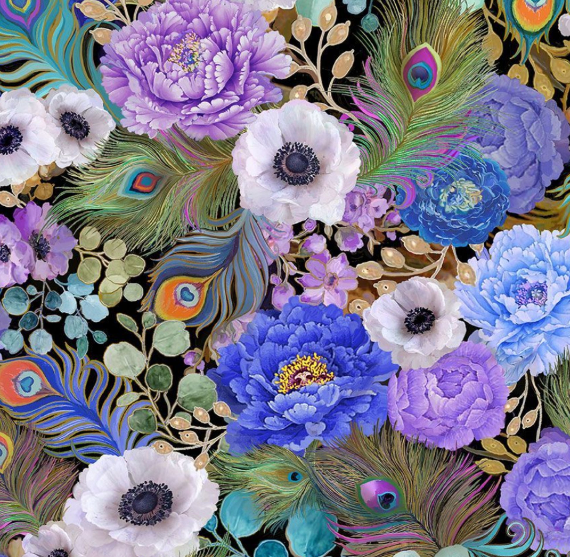 Peacock Feathers and Florals from the Flourish Collection by Timeless Treasures