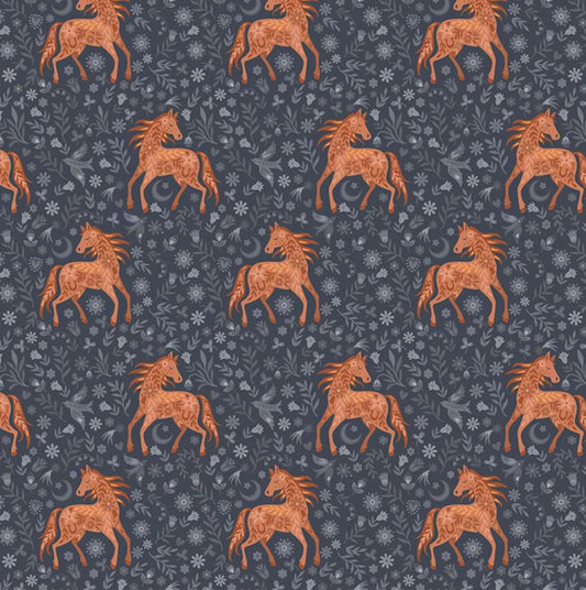 Filly - from the Full Moon Collection by Sear Stella Fabrics. Western-themed fabric featuring horses set against a gray floral background. 100% cotton, digitally printed.