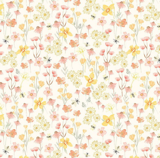 Flying Bees & Florals Fabric - Home Sweet Home Collection - Delicate Bees with light pink and yellow flowers on a white background. Timeless Treasures