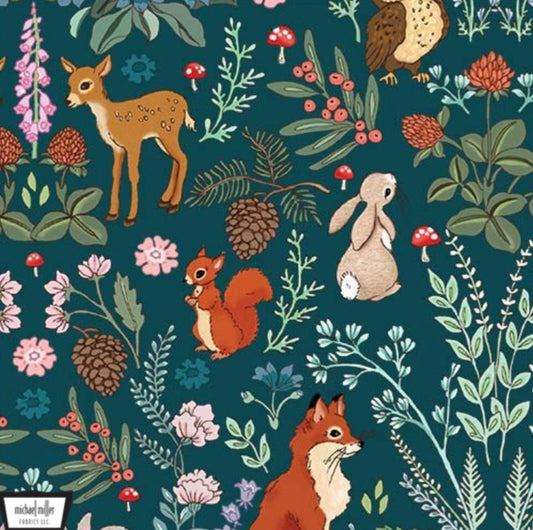 Forest Adventure Fabric from the Midnight Forest Collection - Michael Miller Fabrics. Adorable forest animals on a deep green background.