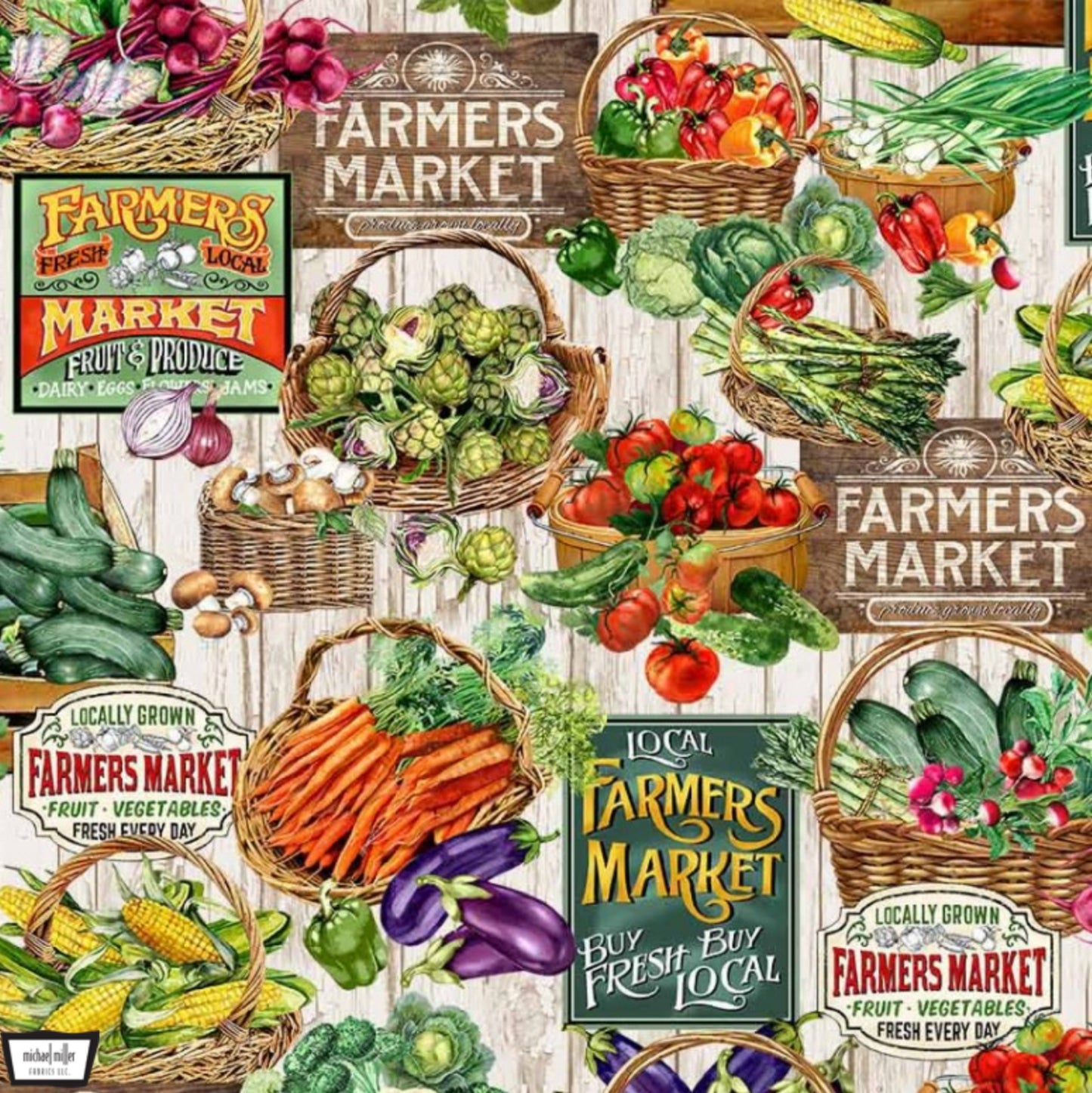 Fresh Picked from the Fresh & Local Collection by Michael Miller Fabrics. Farm Market themed fabric with fresh vegetables, farm market signs, and more. Perfect for your farm-themed projects. 100% cotton, digitally printed.