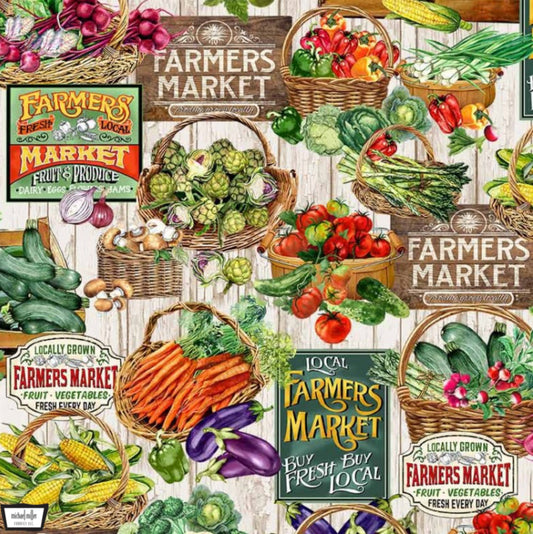 Fresh Picked from the Fresh & Local Collection by Michael Miller Fabrics. Farm Market themed fabric with fresh vegetables, farm market signs, and more. Perfect for your farm-themed projects. 100% cotton, digitally printed.