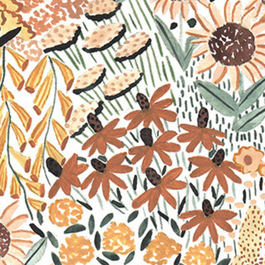 Golden Sunflowers from the autum forage Collection by Boccaccini Meadows for Figo Fabrics. sunflower floral fabric, 100% cotton, digitally printed.
