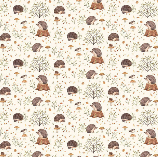 Hedgehogs Fabric - Little Forest Collection by Dear Stella Fabrics. Adorable hedgehogs and mushrooms on a light cream cotton fabric .