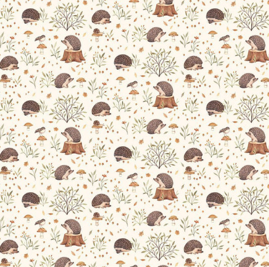 Hedgehogs Fabric - Little Forest Collection by Dear Stella Fabrics. Adorable hedgehogs and mushrooms on a light cream cotton fabric .