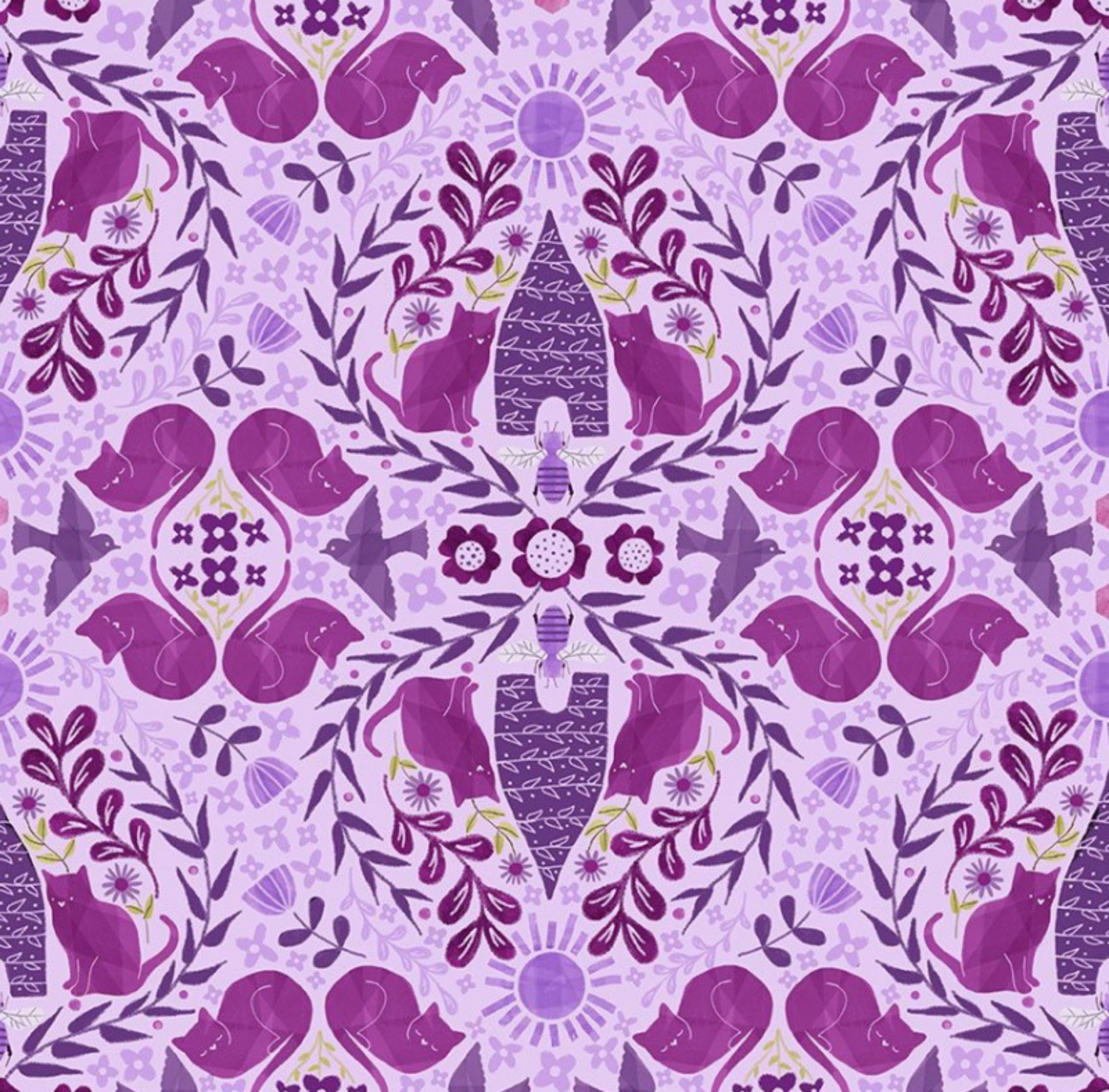 Hive Mind Fabreic in Grape - from the Curious Garden Collection by Pammie Jane for Dear Stella Fabrics - light purple fabric with hidden cats and beehives.