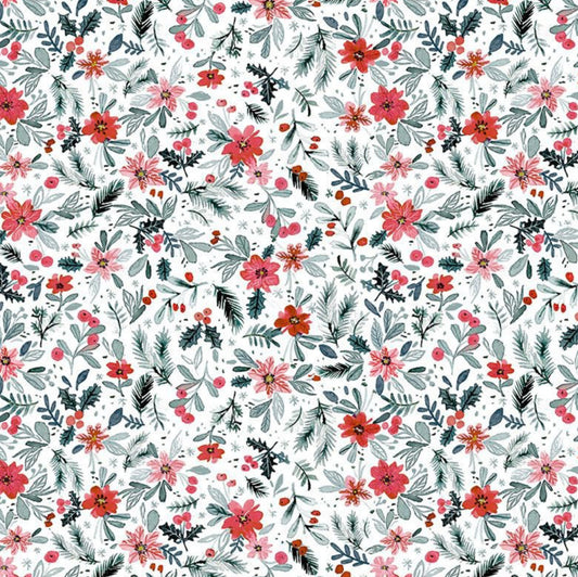 Holiday Floral - from the Sweater Weather Collection by Clara Jean for Dear Stella Fabrics DCJ2844 Multi - Red flowers with evergreen foliage on a white background, 100% cotton fabric. Digitally printed. New Holiday Collection for Winter 2024.