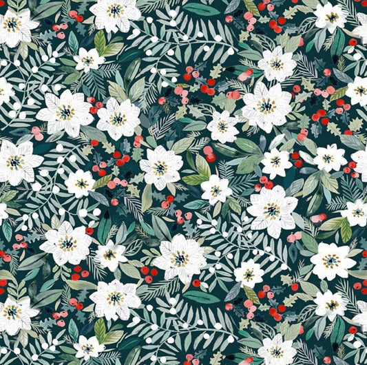Holiday Poinsettias Fabric from the Sweater Weather Collection by Clara Jean for Dear Stella Fabrics - White poinsettias with red berries on a green background. 100% cotton, digitally printed.