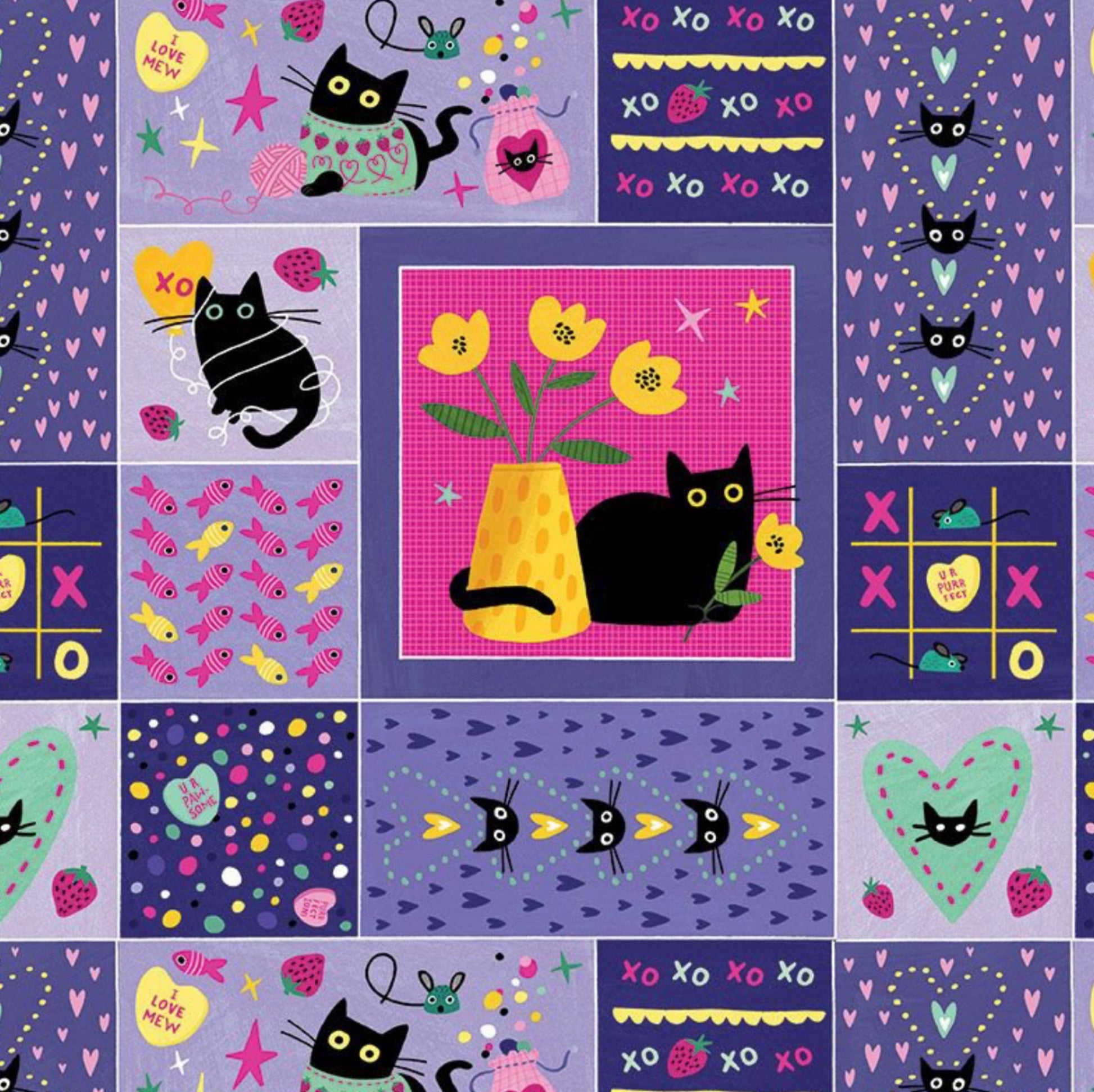 Just For You - from the Hugs and Purrs Collection by Leezaworks for Dear Stella Design - DLW2973 - Multi.  Cat collage in shades of lavender including adorable cats holding candy hearts. 100% cotton, digitally printed.