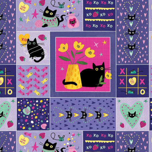 Just For You - from the Hugs and Purrs Collection by Leezaworks for Dear Stella Design - DLW2973 - Multi.  Cat collage in shades of lavender including adorable cats holding candy hearts. 100% cotton, digitally printed.