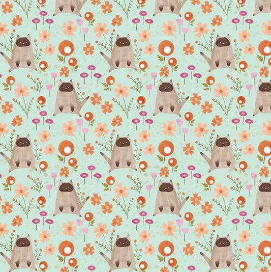 Lazy Kittens - Lazy Sunday Collection by Pammie Jane for Dear Stella Fabrics. Cats and flowers on a light mint green background. 100% cotton, digitally printed.