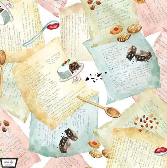 Mum's Recipes Fabric from the Baked With Love Collection by Louise Nisbet for Michael Miller Fabrics.  Vintage recipes along with pastries and kitchen utensils. 100% cotton quilting fabric.