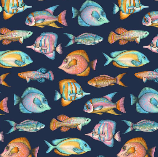 Off The Hook Fabric - Terrain of Thought Collection by Dear Stella Fabrics - Rainbow Fish on a navy blue background. 100% Cotton, digitally printed.