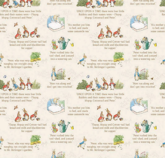 The Tale of Peter Rabbit - Text- Cream - featuring characters from the beloved tale by Beatrix Potter. From Riley Blake Designs - 100 Cotton, digitally printed.