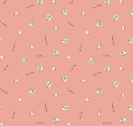 The Tale of Peter Rabbit - Veggie Toss - Coral - Riley Blake Designs. Coral cotton fabric featuring tossed vegetables including lettuce and carrots. 100% cotton, digitally printed.