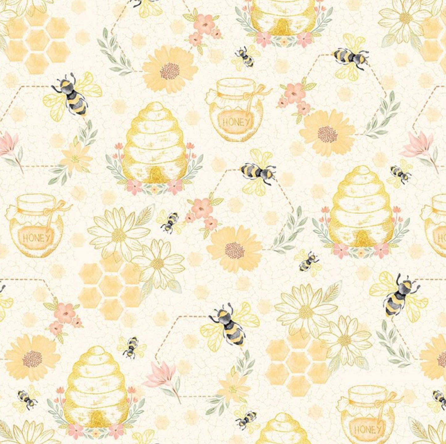 Quilting Bees - from the Home Sweet Home Collection from Timeless Treasures - Bees and Bee Hives with flowers and honey pots set against an ivory background.