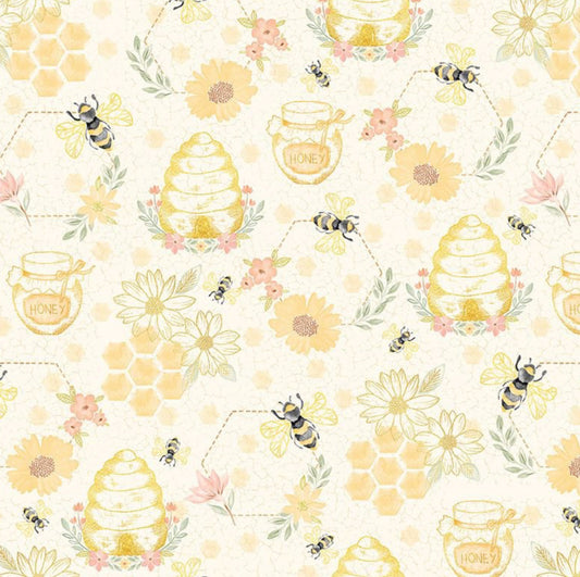 Quilting Bees - from the Home Sweet Home Collection from Timeless Treasures - Bees and Bee Hives with flowers and honey pots set against an ivory background.