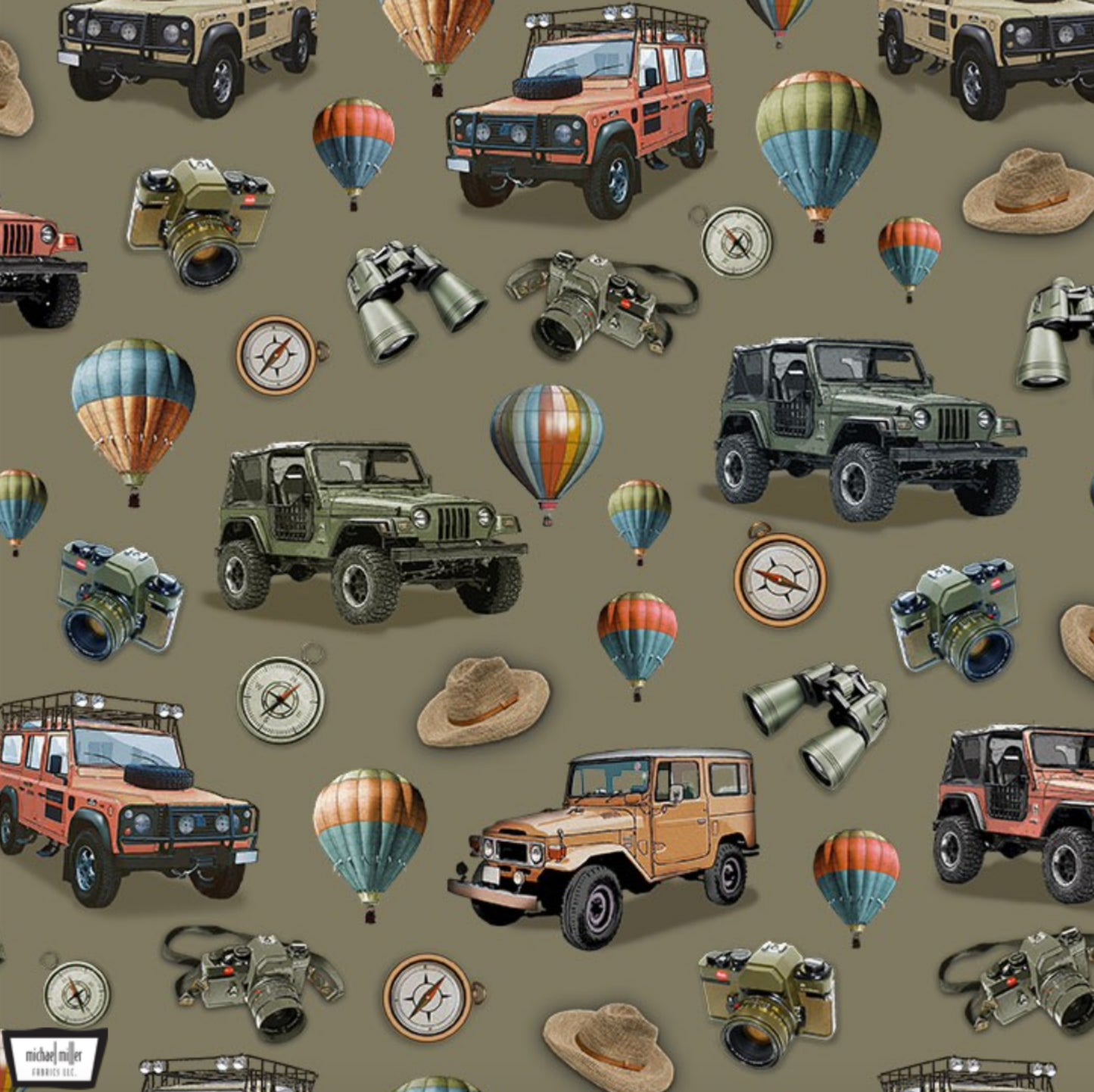 Safari Adventure Fabric from the Safari Collection by Michael Miller Fabrics. Jeeps, Hot Air Balloons and Travel Icons.