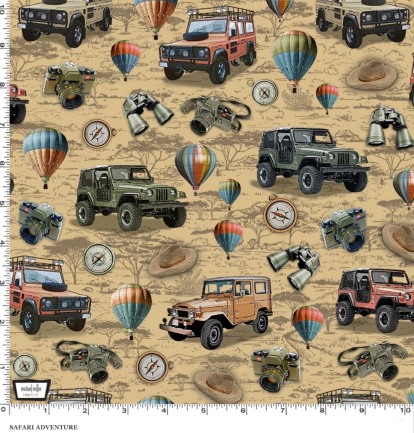 Safari Adventure - Trucks and Travel Icons - Khaki - Michael Miller Fabrics